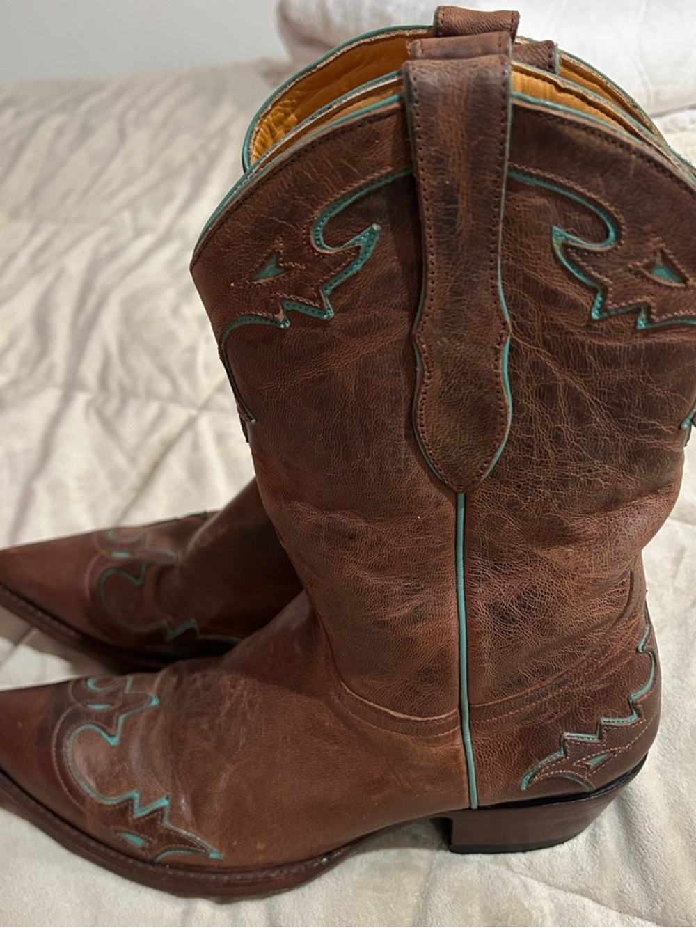 Old Gringo Tan Leather Cowboy Boots with Turquoise Trim